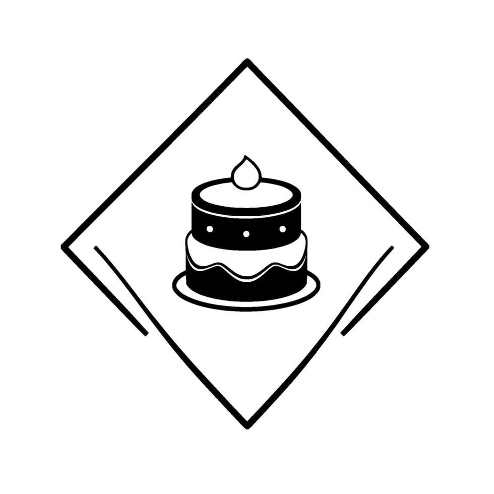 Minimalist Black and White of a TwoTiered Cake, Centered Within a Diamond Frame on a White Background. vector
