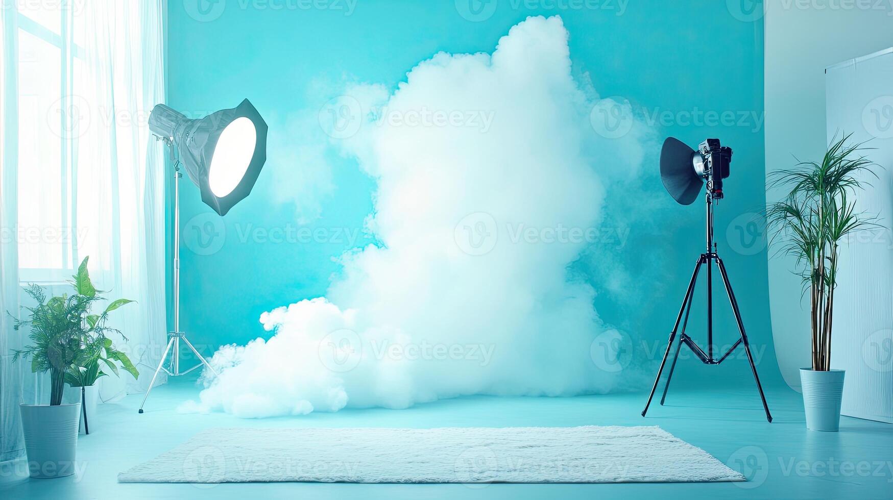 Studio Setup with Artificial Cloud in Blue Backdrop Featuring Lighting Equipment and Indoor Plants for Photography photo