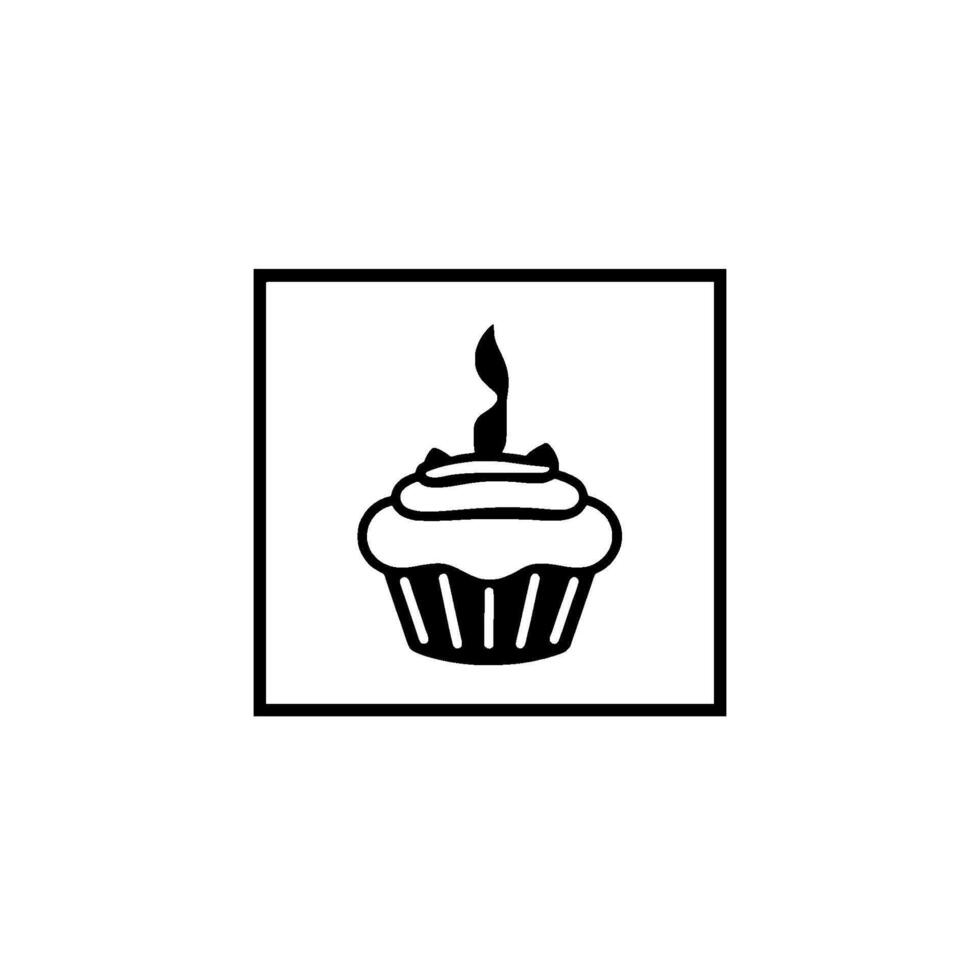 Minimalist Black and White Illustration of a Cupcake with Candle, within a Framed Square, on a White Backdrop. vector