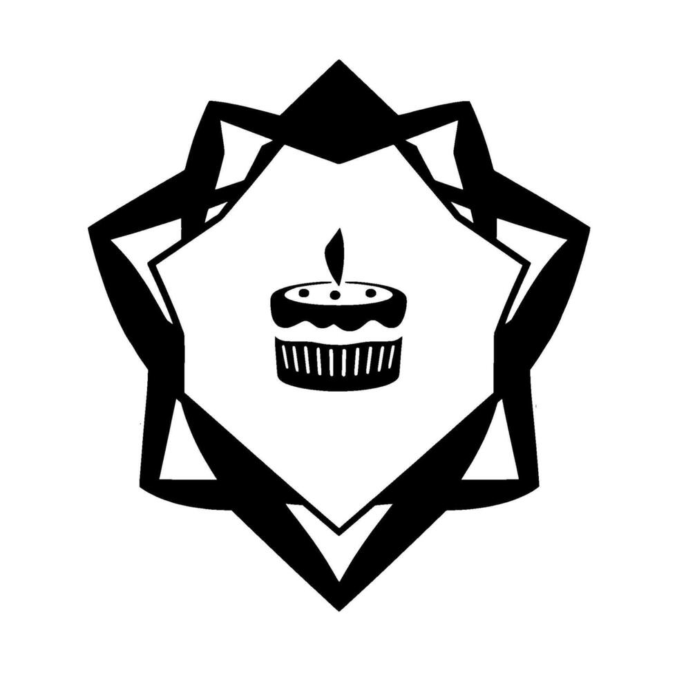 Black and White Cake with Lit Candle Centered in a Geometric Starburst Against White Background, Minimalist Aesthetic. vector