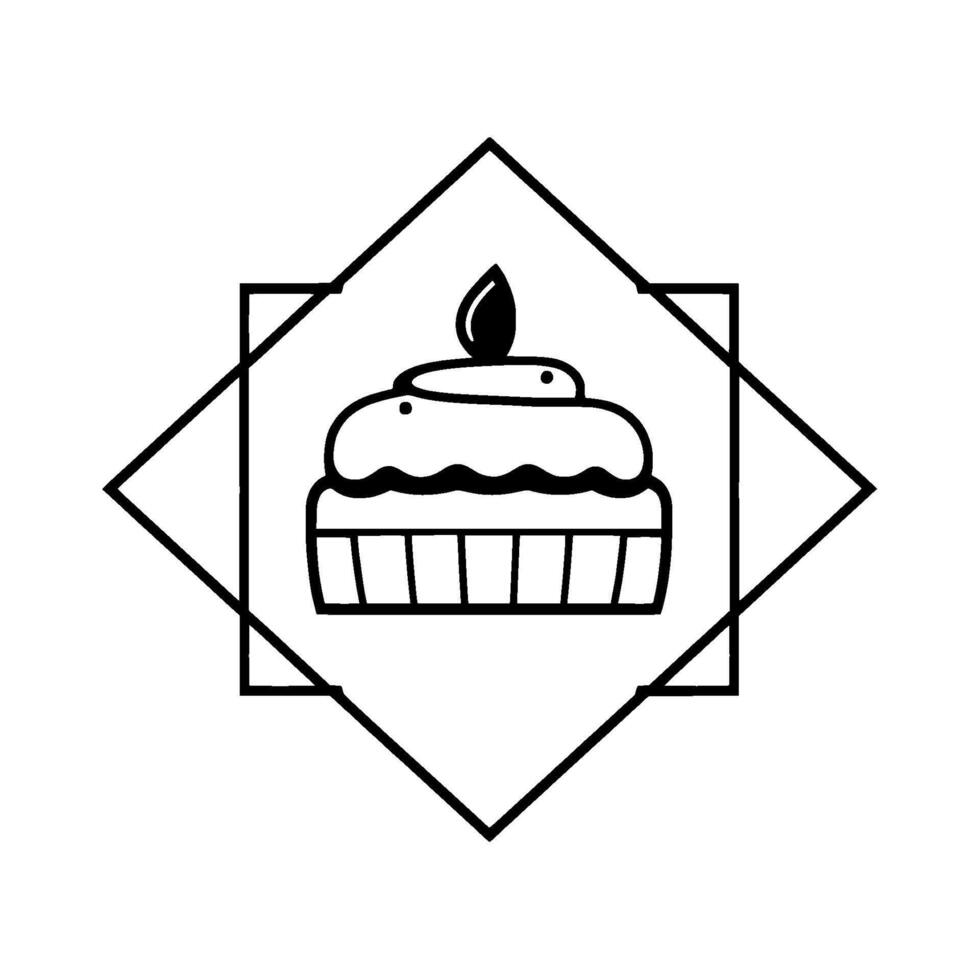 Simple Black and White Illustrated Cupcake with Candle Inside a Diamond and Square Border vector