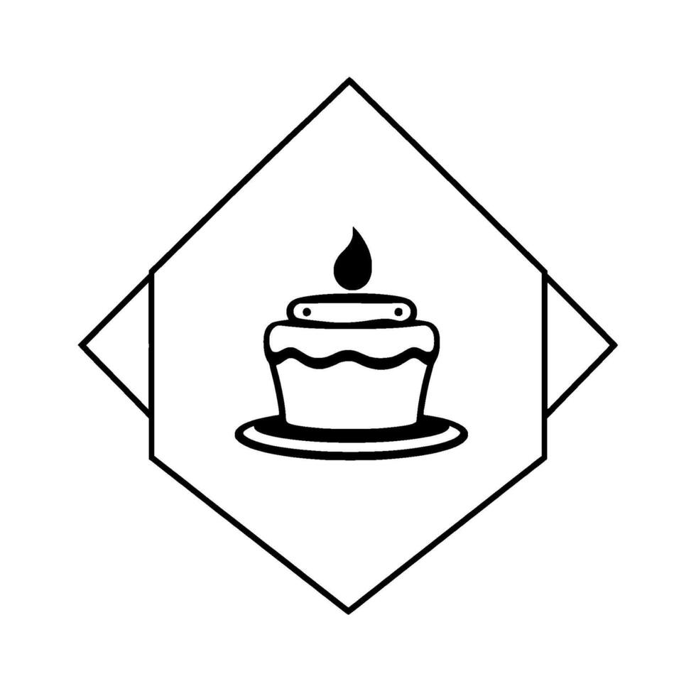 Black and White Minimalist of a Tiered Cake with a Lit Candle Centered Within a Geometric Diamond Frame, Celebrating Simplicity. vector