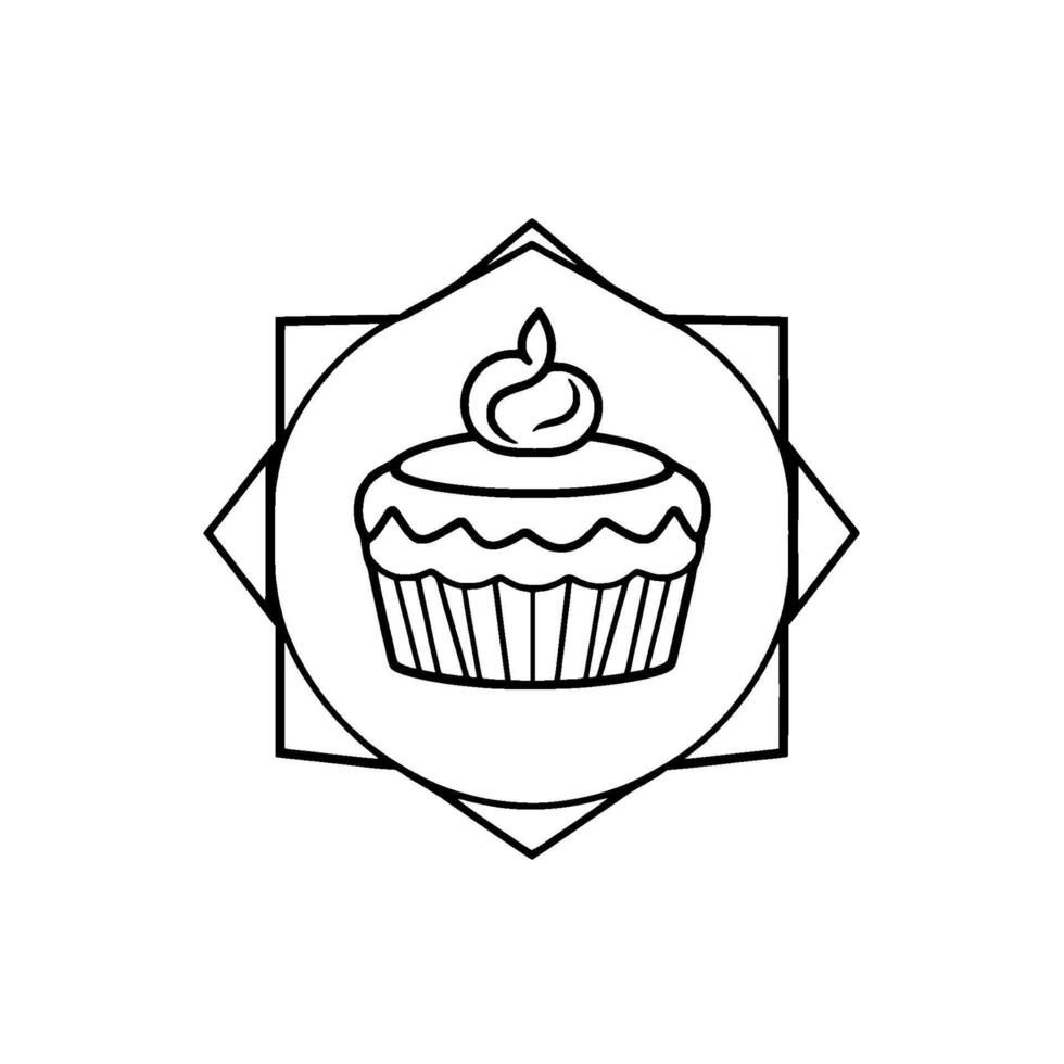 Black and white minimalist illustration of a cupcake within a circle, encased in a geometric diamond and square frame, perfect for logos or elements. vector
