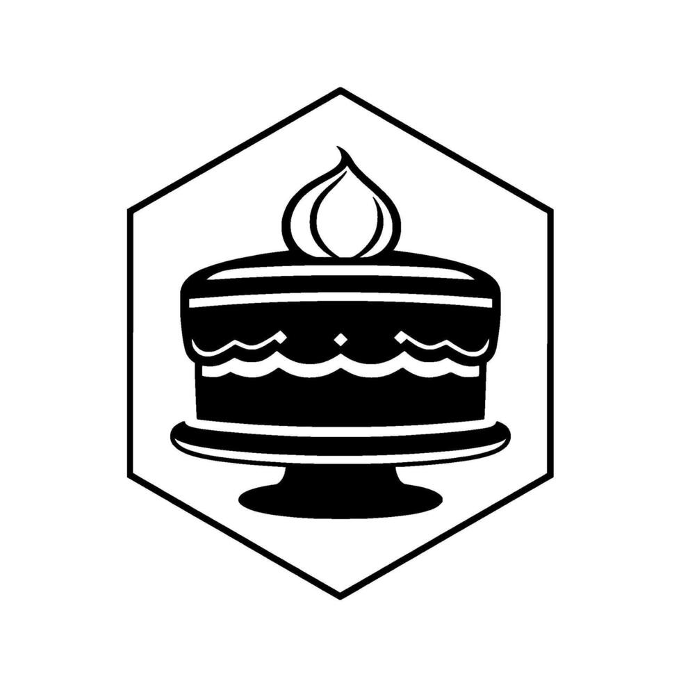Black and white illustration of a birthday cake with a candle on a cake stand, framed inside a hexagonal border. vector