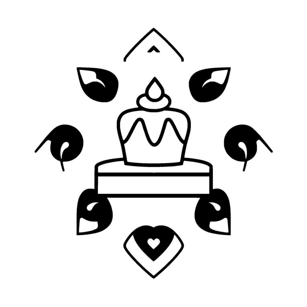 Symmetrical Black and White Ornamental Featuring CakeLike Central Element, Surrounded by Abstract Petals and Heart vector