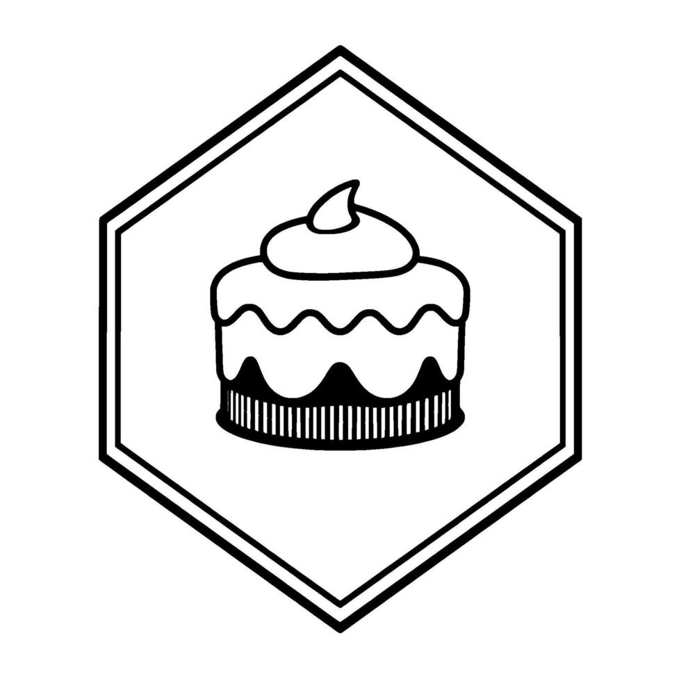 Black and White Dessert A Small Cake with Icing Inside a Geometric, Hexagonal Outline, Bakery Theme. vector