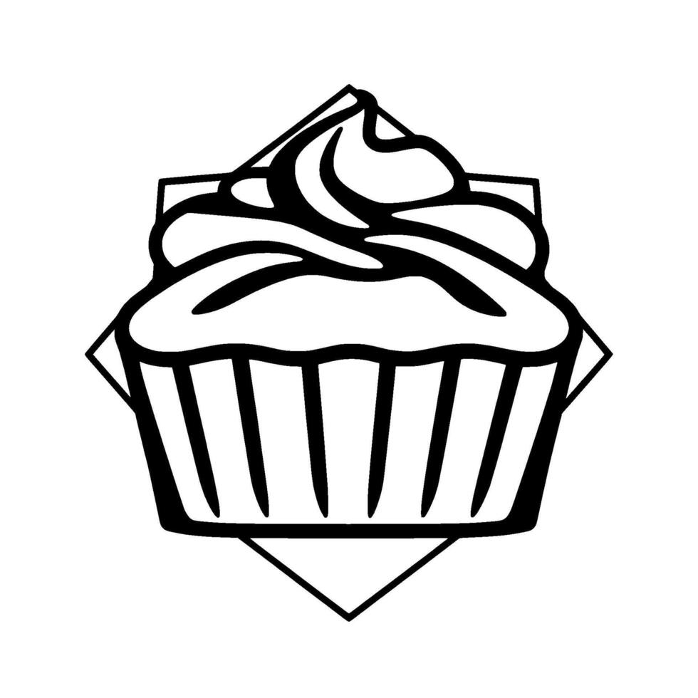 Minimalist Black and White Cupcake Illustration in a Geometric Diamond Frame, Perfect for Bakery Logos and Designs. vector