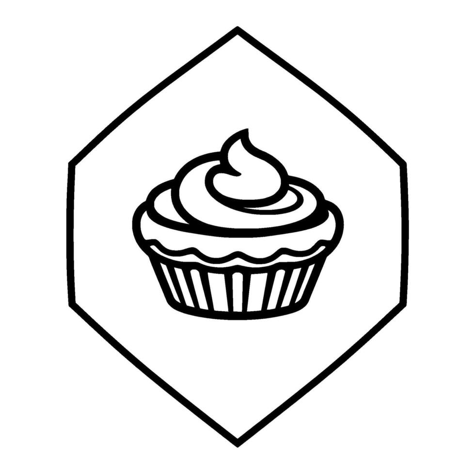 A minimalist black and white illustration of a frosted cupcake encased in a hexagon, offering a simple bakery aesthetic. vector