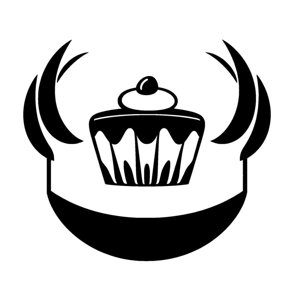 Stylized Black and White of a Cupcake with Cherry Topping and Ornamental Framing, Suggesting Delicious Dessert. vector