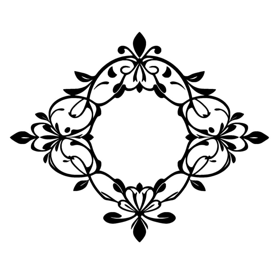 Ornate Black and White DiamondShaped Decorative Frame Featuring Floral and Leafy Elements, Isolated on White Background. vector