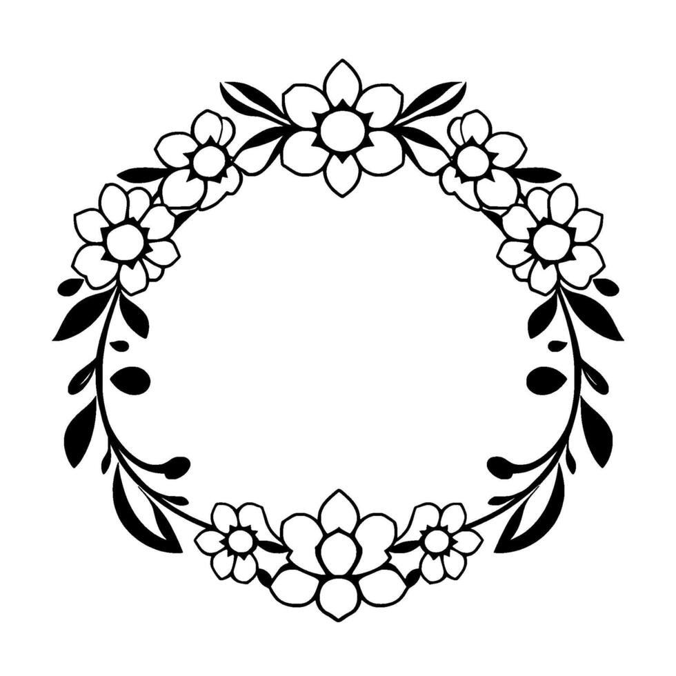 Elegant Black and White Floral Wreath, Handdrawn Style, Perfect Circle Frame for Decorative Elements or Invitations vector