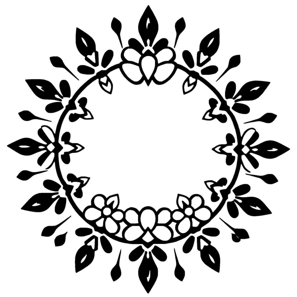 Circular floral with a symmetrical arrangement of leaves, buds, and stylized flowers, creating an elegant black and white ornamental border. vector