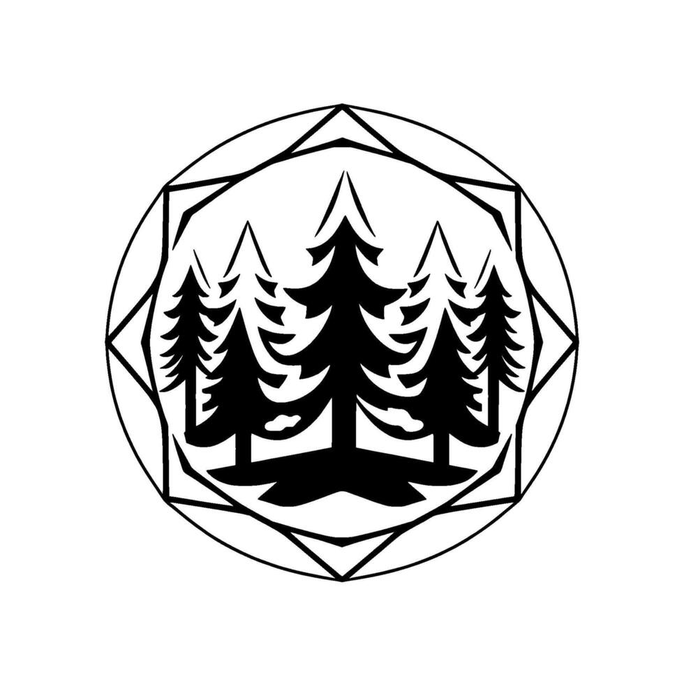 Stylized black and white circular emblem of pine trees within a geometric border, conveying nature and serenity. vector