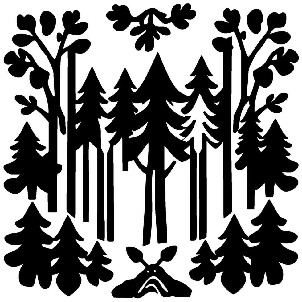 Black and White Stylized Forest Silhouette, NatureInspired Pattern, Featuring Trees, Foliage, and a Decorative Abstract Creature. vector