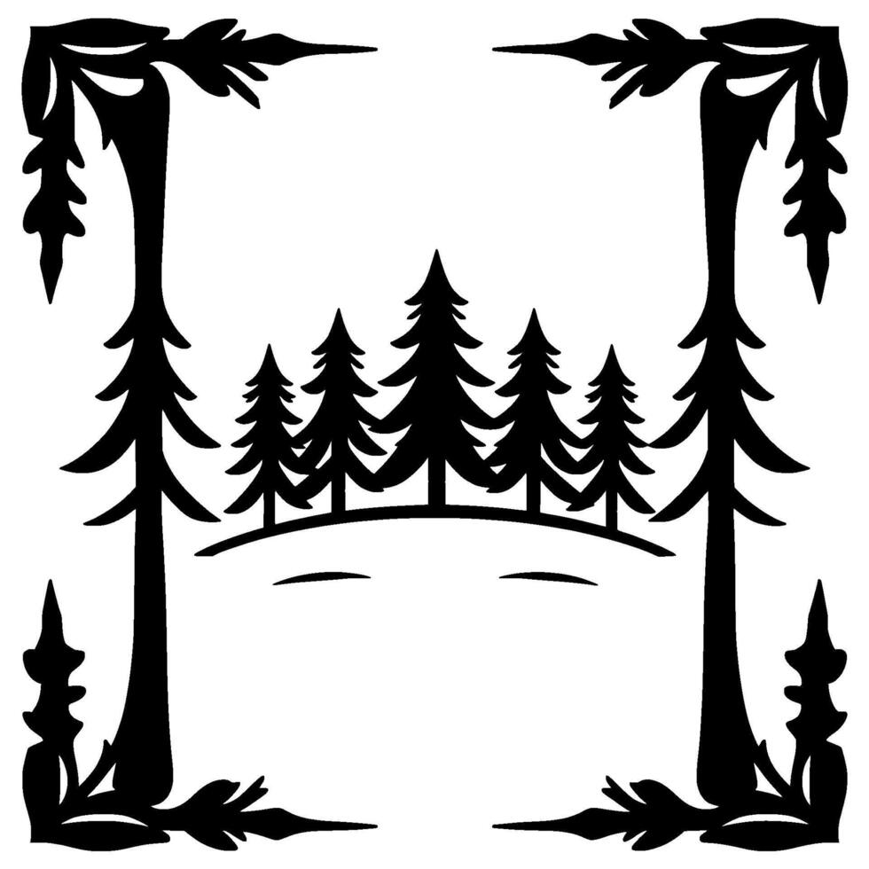 Silhouette Forest Scene within a Decorative Border A Black and White Cutout Featuring Evergreen Trees and Floral Accents. vector