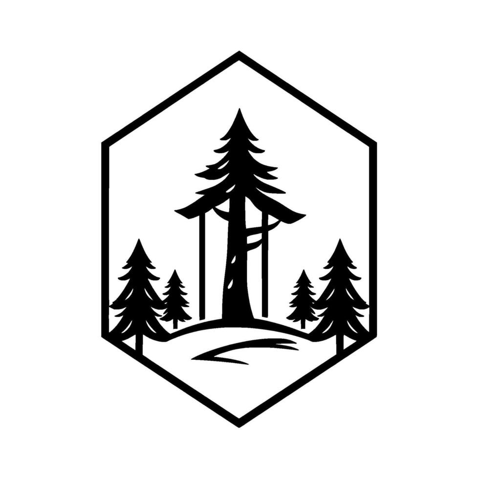 Minimalist Black and White Forest Scene with Geometric Hexagonal Frame Depicting Evergreen Trees in Silhouette. vector