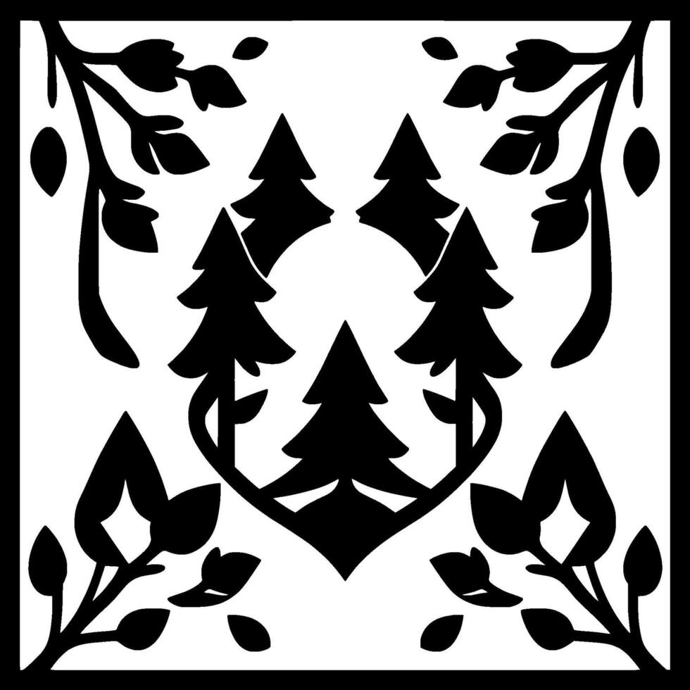 Symmetrical Black and White NatureThemed Square with stylized pine trees, leaves, and branches arranged in a decorative pattern. vector