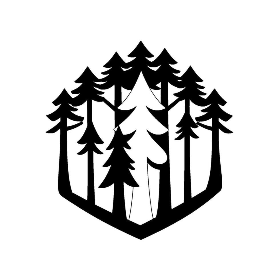 Black and White Pine Tree Forest within a Hexagonal Frame, a Minimalist Nature Emblem vector