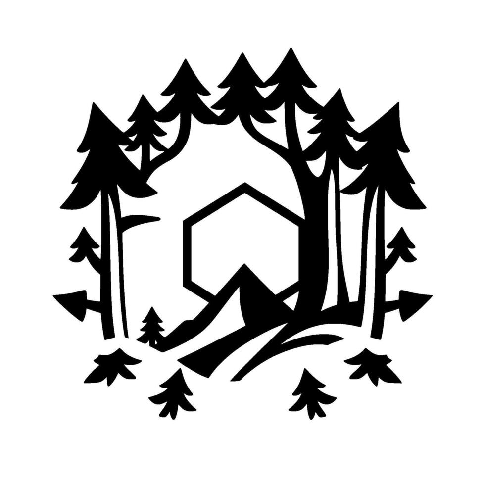 Black and White Silhouette of Mountain, Forest, and Hexagon, NatureInspired Geometric , Outdoor Recreation Concept. vector