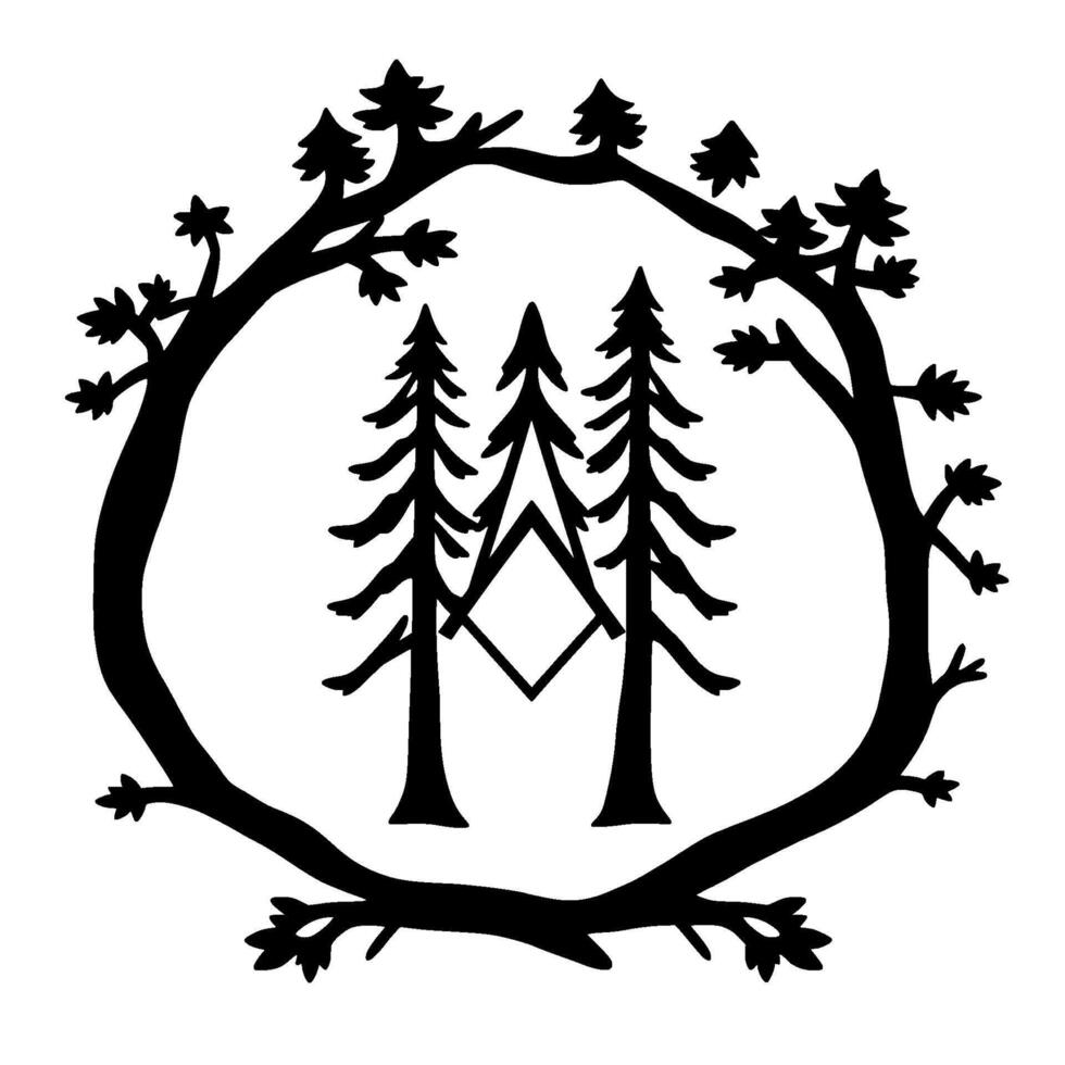 Stylized Black and White Forest Crest Three Pine Trees Enclosed in a Branch Circle, Featuring a Diamond Shape. vector