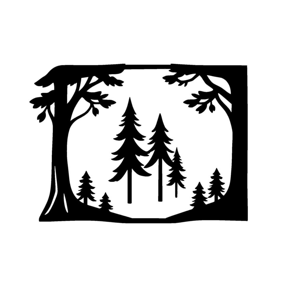 Silhouetted Forest Scene A Black and White Composition of Trees Framed by a Rectangular CutOut Border on White Background. vector