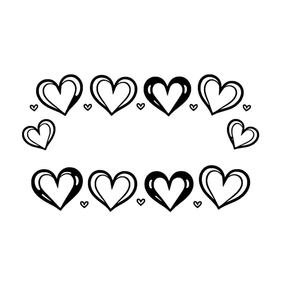 Elegant Doodle Arrangement Eight Bold Heart Icons and Smaller Accent Hearts, Black Outlined on Clean White Background for Decorative Purposes vector