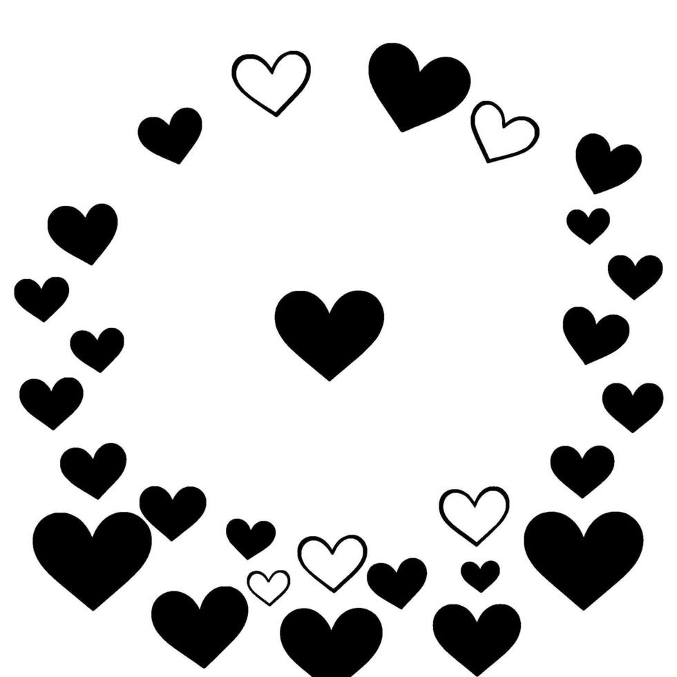 A stylized composition of black and outlined hearts arranged in a circular pattern around a central heart on a stark white background. vector
