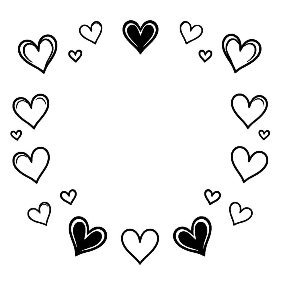 Handdrawn Valentines Day Illustration A circular arrangement of outlined hearts, some filled, creating a framelike on a stark white background. vector