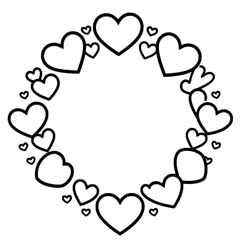 A diamondshaped frame of various sized black hearts, creating a border with open space for a central element, on a white background. vector
