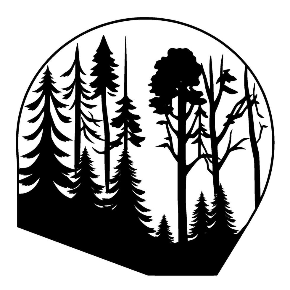 Silhouette Forest Scene Encapsulated in an Oval, Depicting Trees, Pines, and Natures Majesty. vector