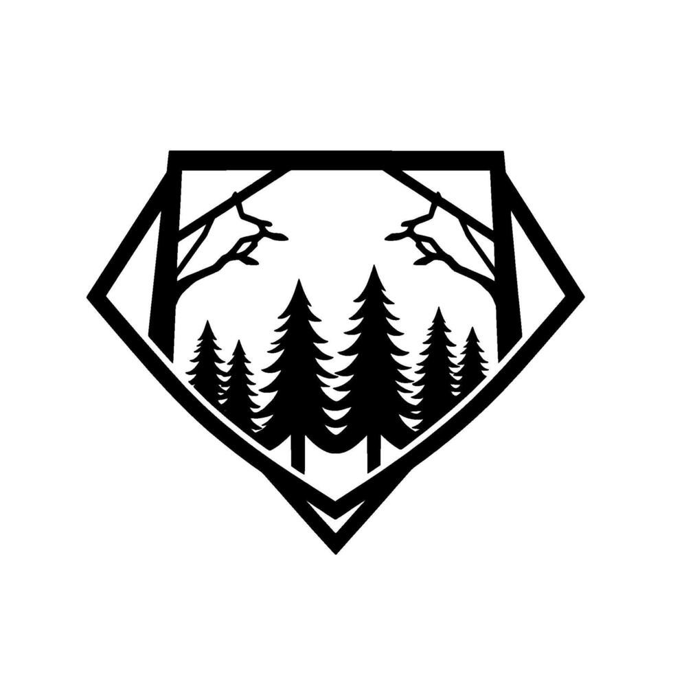 Black and White Forest in Geometric Frame Pine Trees and Bare Branches Within a DiamondShaped Border. vector