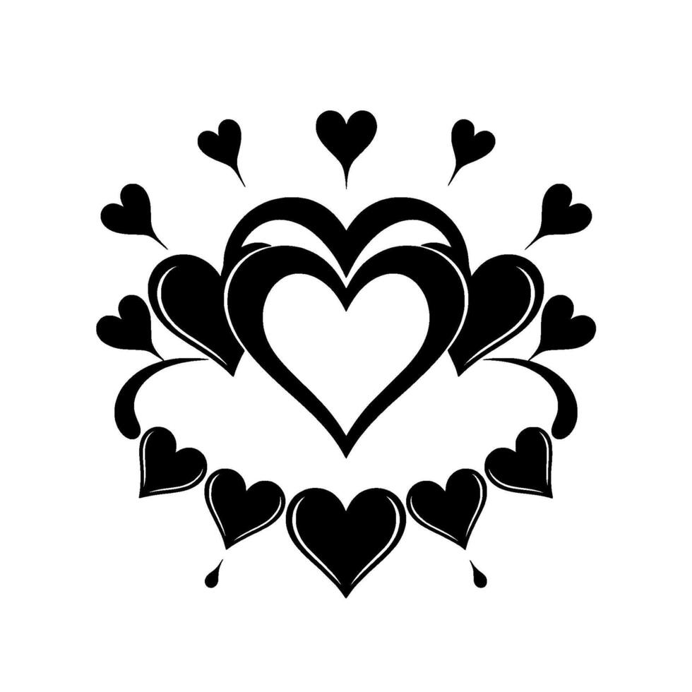 Artistic black and white heart emblem featuring layered heart with decorative heart accents and surrounding arrangement against white background. vector