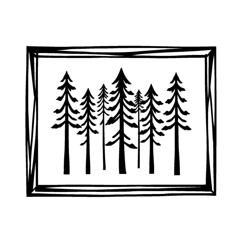 Stylized Monochrome Forest Silhouette, Composed Within a HandDrawn Border, NatureInspired Illustration. vector