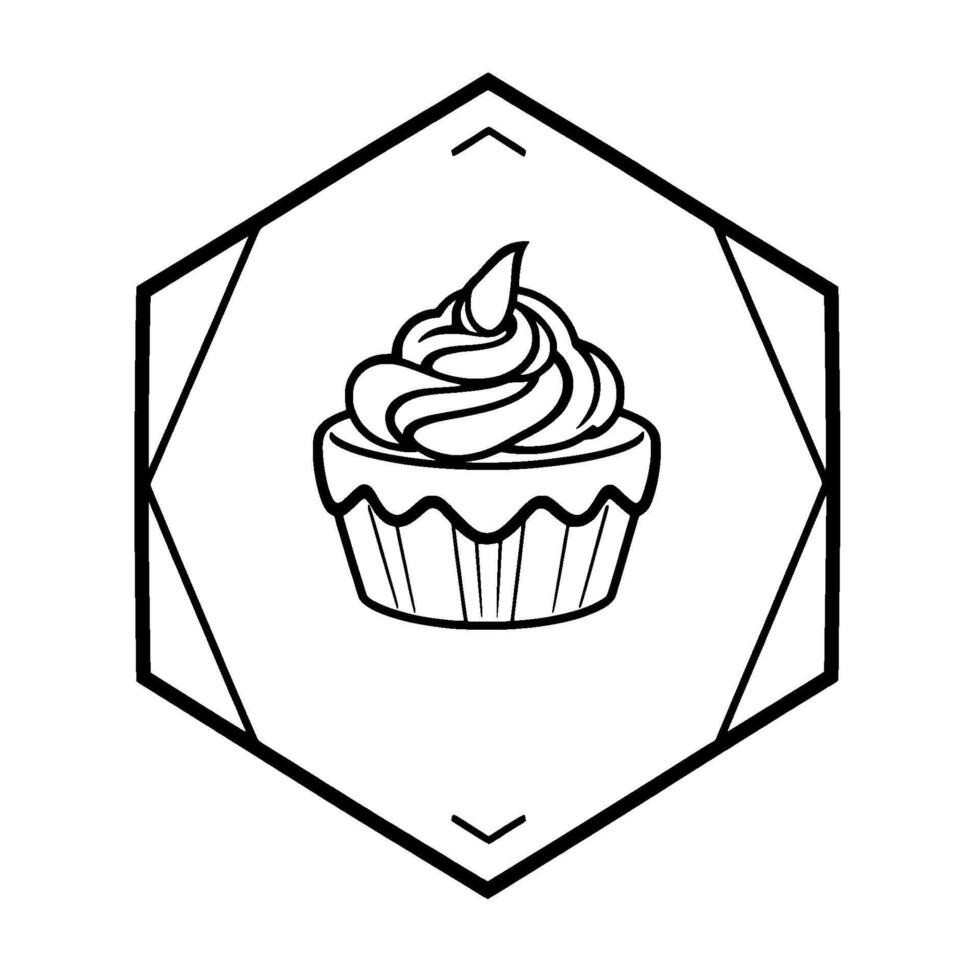 Elegant Black and White Cupcake Illustration within a Geometric Hexagonal Frame, Simple and Sweet Dessert, Art for . vector