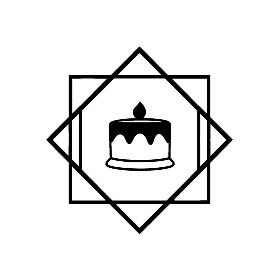 Black and white stylized illustration of a cake with a single candle flame, set within a square and diamond frame. vector