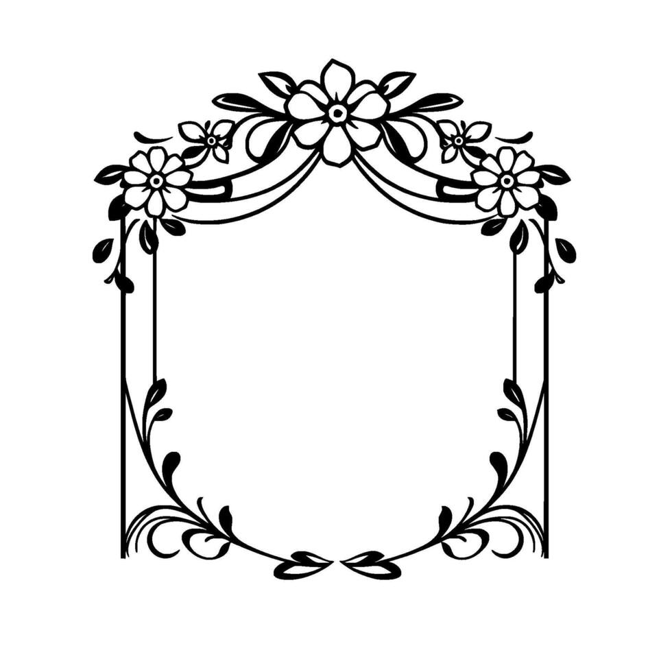 Elegant Black and White Floral Frame with Decorative Vines, Blossoms, and a Symmetrical, Geometric for Invitations and Decorative Art. vector
