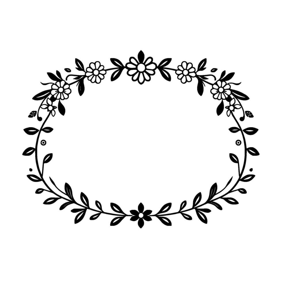 Ornate Black and White Oval Floral Frame with Daisies, Leaves and Empty Center, on White Background. vector