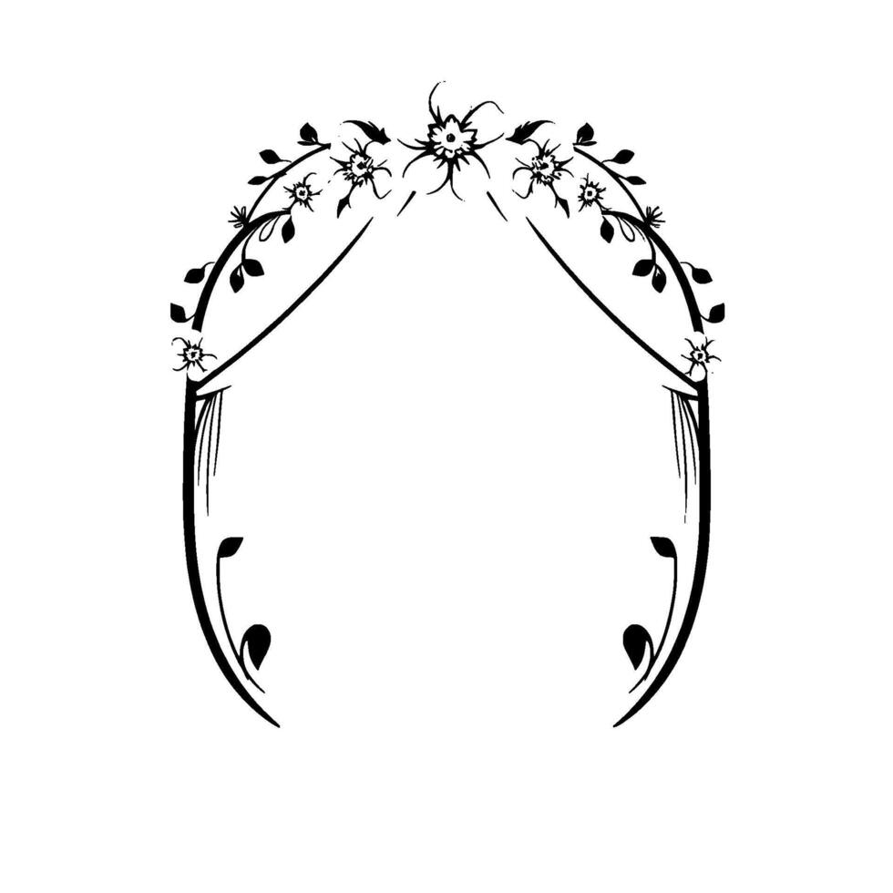 Floral Archway Illustration Delicate Black and White Featuring Blossoms, Leaves, and Arcing Lines on a White Background. vector