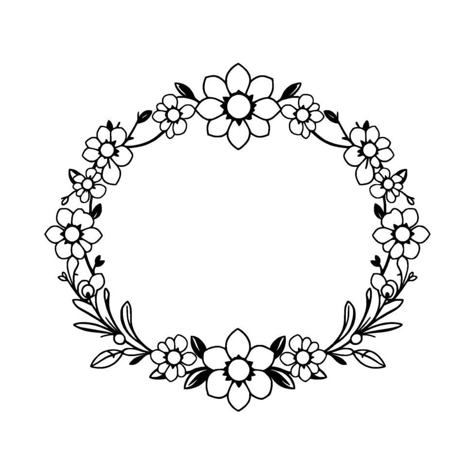 Black and White Floral Oval Wreath Frame with Intricate Details of Flowers, Leaves, and Branches on a White Background. vector