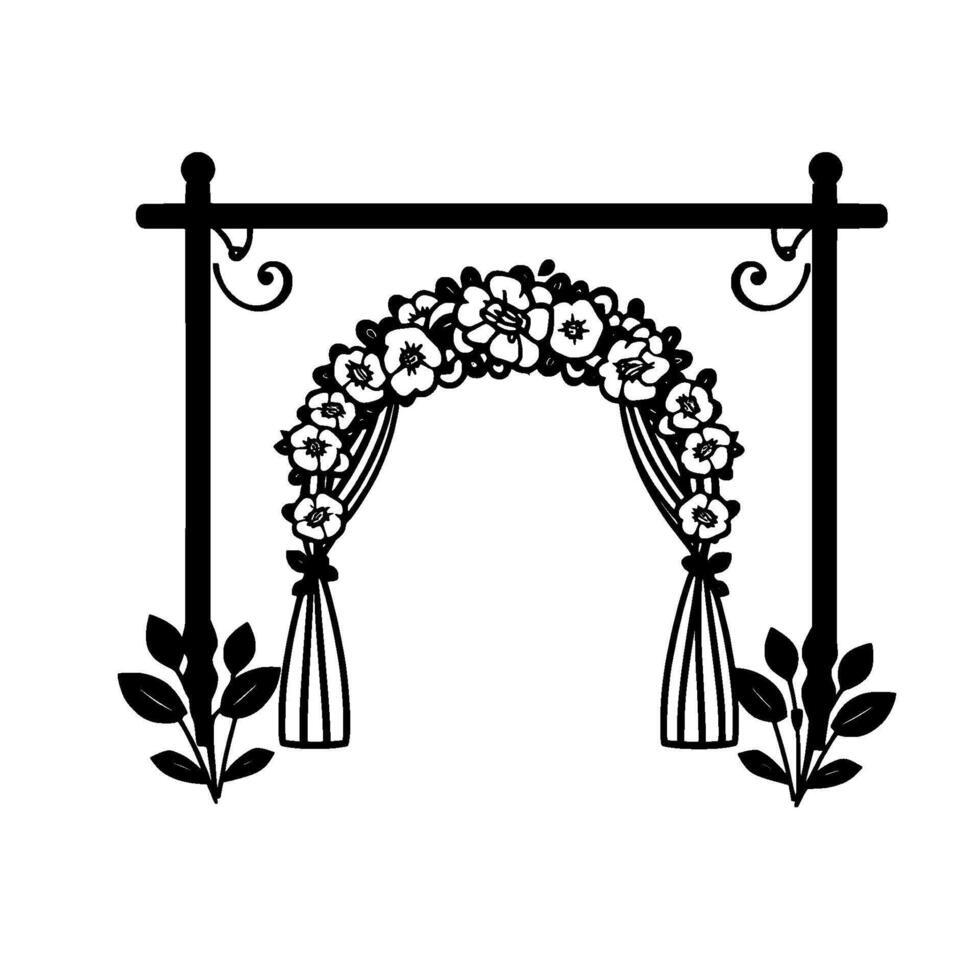 Elegant Floral Archway Silhouette with Blossoms, Drapes, and Foliage, Decorative Wedding Ceremony vector
