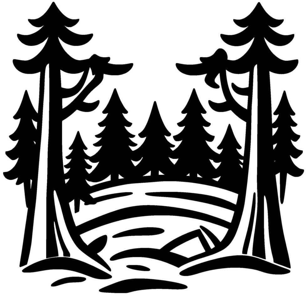 Silhouetted Forest Scene Tall Trees Frame a Trail and Evergreens on a Hillside, Black and White Nature Art. vector