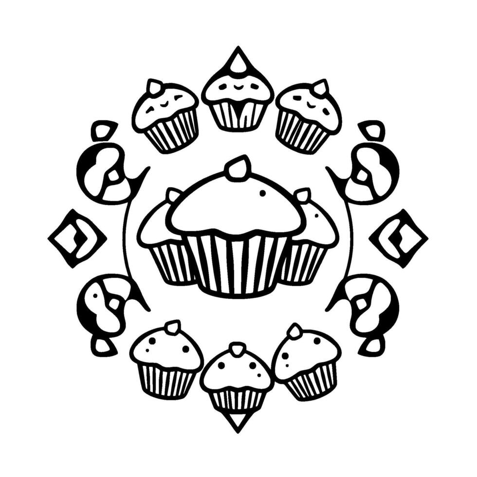 Whimsical Black and White Cupcake Mandala Featuring Center Cluster and Decorative Edges in Playful, Simple Style. vector