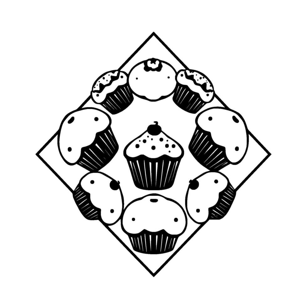 Circular Arrangement of Eight Black and White Cupcakes Inside a Rhombus Frame, Centered Cherry Topped. vector