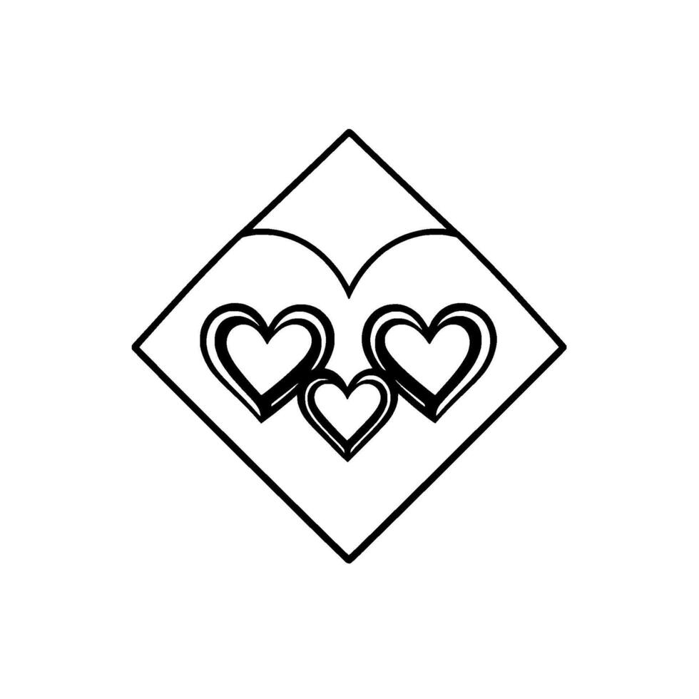 Stylized Geometric Artwork Featuring Three Hearts Within a Diamond Frame and a Larger Heart, in Black and White, on a White Background vector