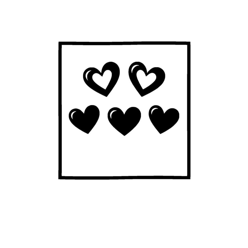 with a square frame, containing five black hearts with white highlights, set against a stark white backdrop. vector