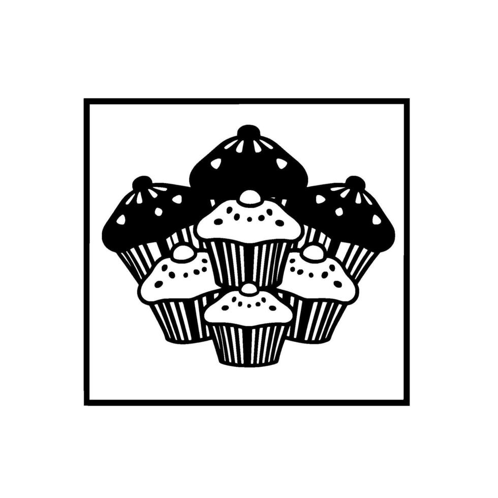 Artistic Black and White Illustration of Six Delicious Cupcakes, Arranged Close, Within a Framed Square. vector