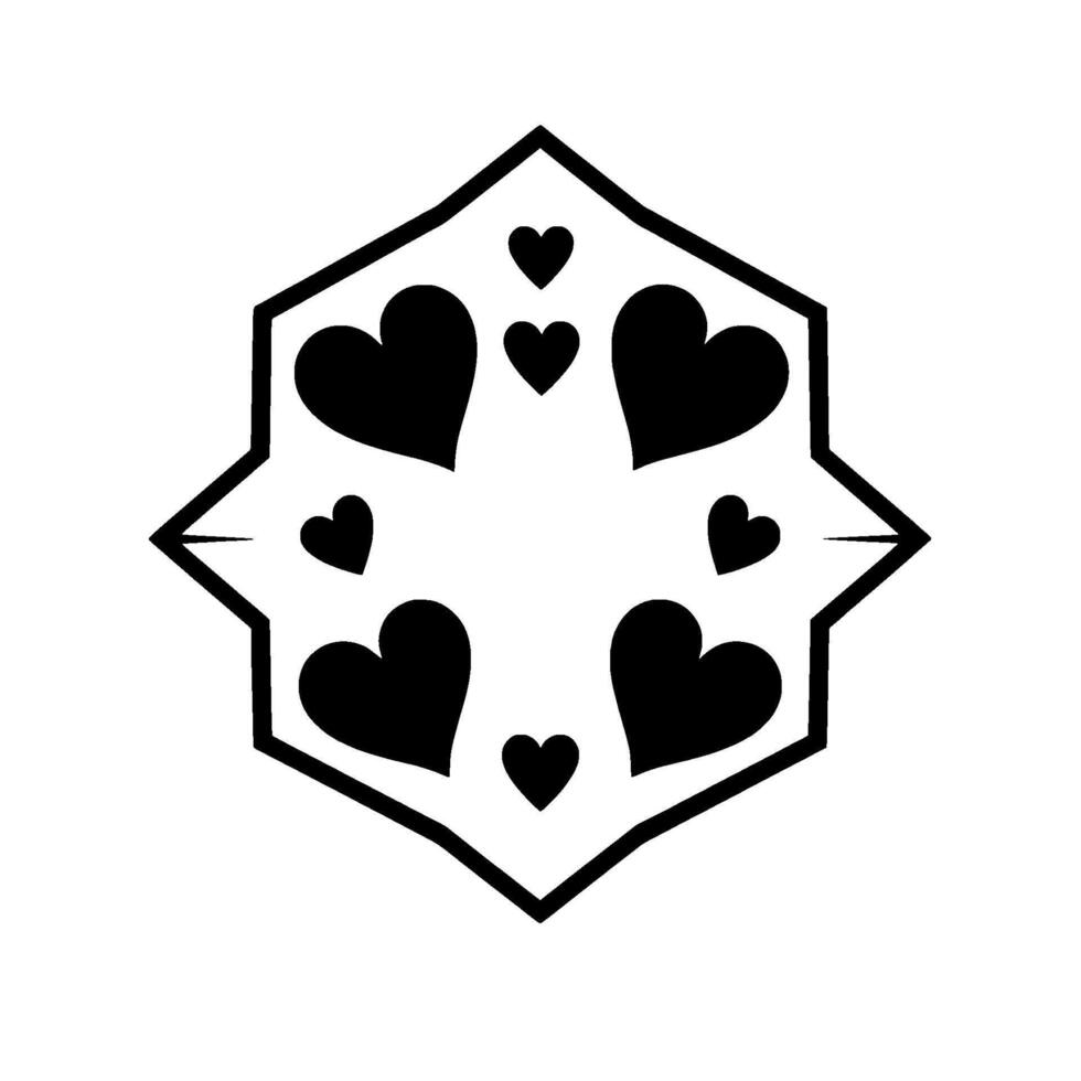 Black and white minimalist emblem featuring a complex starburst polygon surrounding multiple hearts of varying sizes, representing love and unity. vector