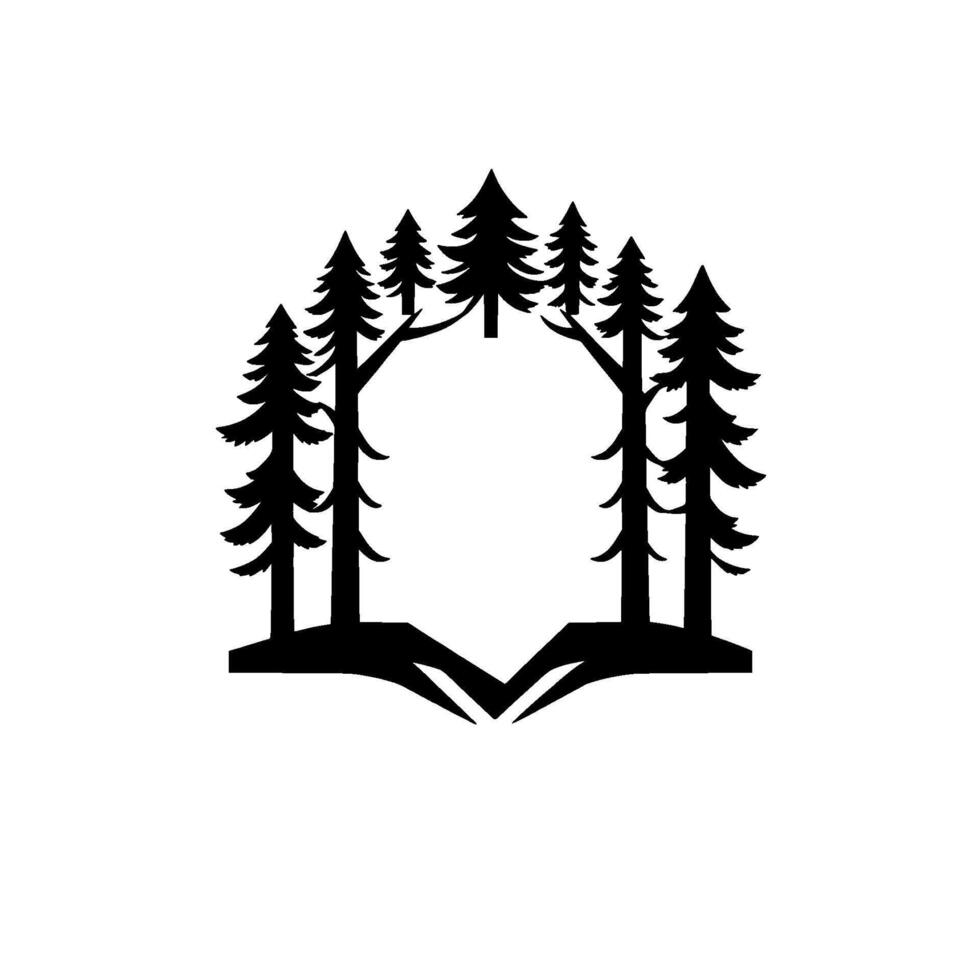 Silhouetted pine trees forming an arch, in black and white, with a minimalist , suggesting a portal or frame, set on a clean background. vector