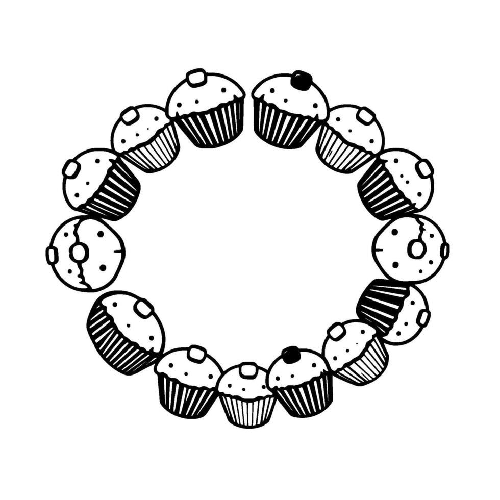 A circular blackandwhite illustration of cupcakes and donuts forming a festive, bakerythemed wreath, on a stark white background. vector