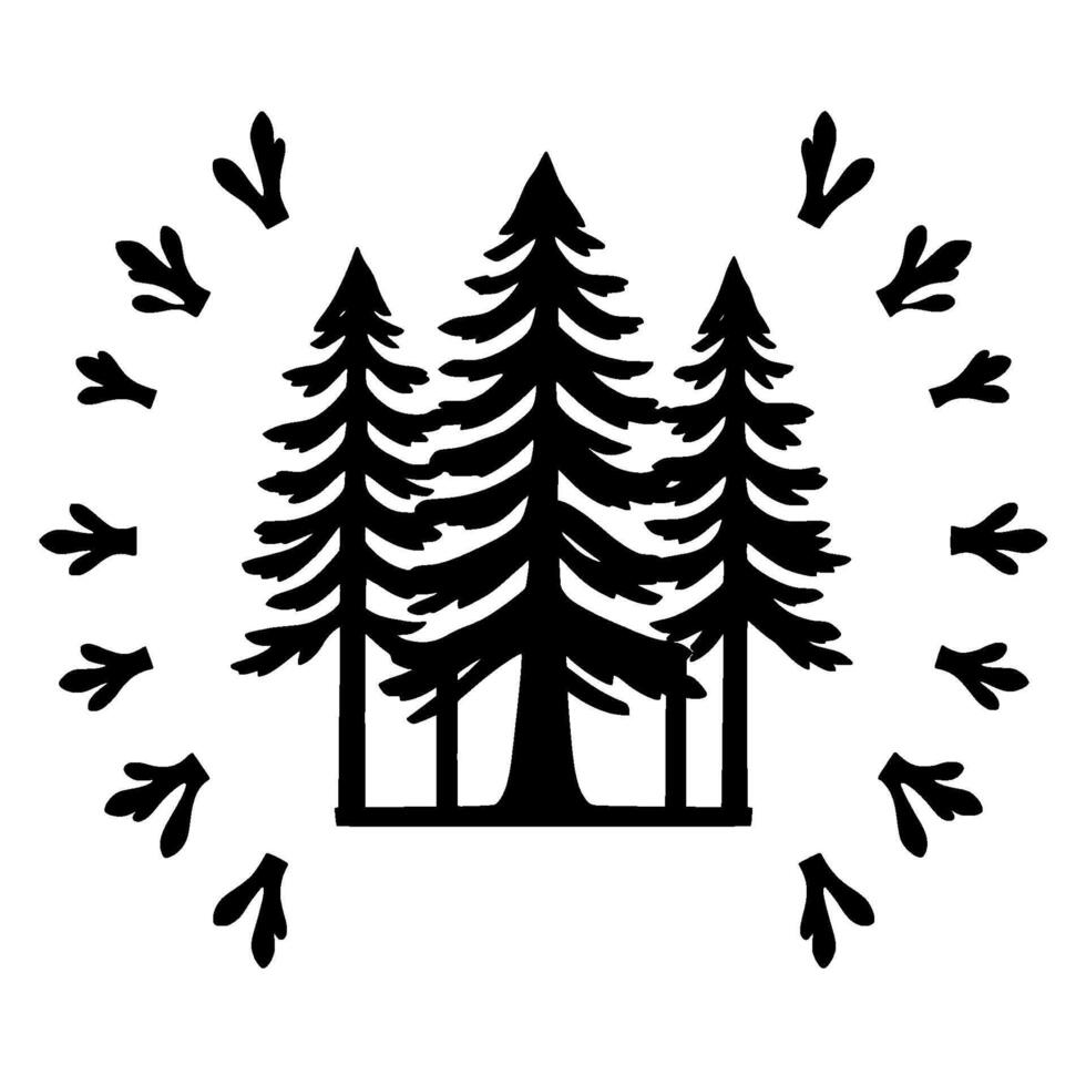 Minimalist black silhouette of three pine trees with animal tracks arranged in a circular pattern on white. vector